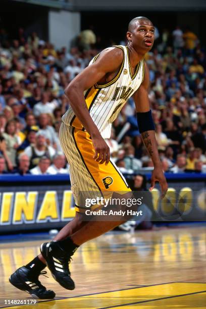 Jonathan Bender of the Indiana Pacers looks on during Game Five of the NBA Finals against the Los Angeles Lakers on June 16, 2000 at the Conseco...