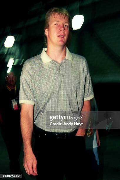 Rik Smits of the Indiana Pacers arrives before Game Four of the NBA Finals against the Los Angeles Lakers on June 14, 2000 at the Conseco Fieldhouse...