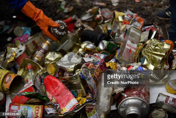 Staff and Workers from the recycle company Blue Waste 2 Value showing the waste garbage's towards media collected from Mount Everest and Base Camp in...