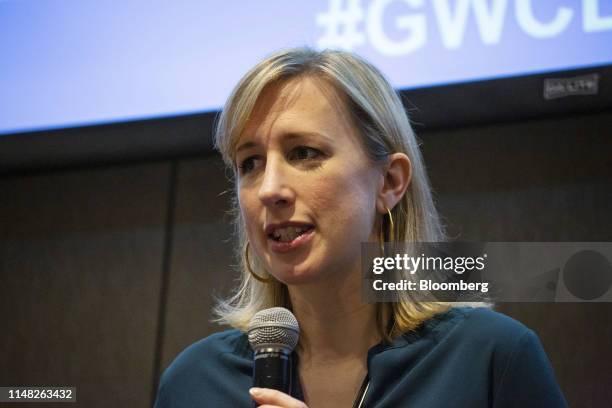 Kristina Bergman, founder and chief executive officer of Integris Software Inc., speaks during the GeekWire Cloud Summit in Bellevue, Washington,...