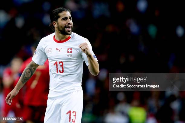 Ricardo Rodriguez of Switzerland celebrates 1-1 during the UEFA Nations league match between Portugal v Switzerland at the Estadio Dragao on June 5,...