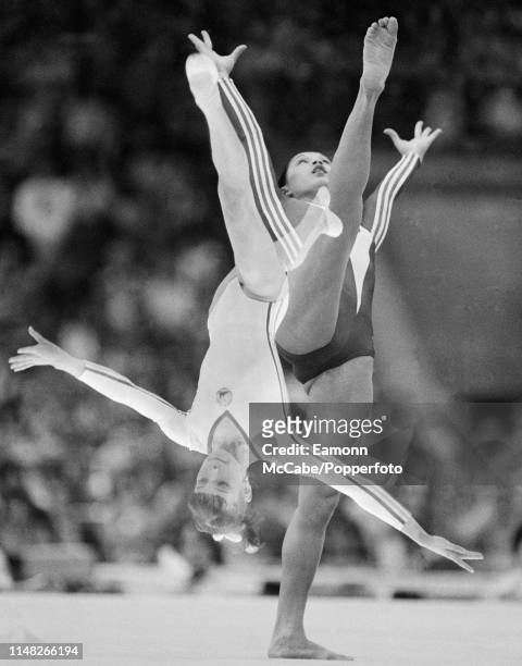 Double exposure featuring Nellie Kim performing in the women's floor final during the 1980 Summer Olympics at the Sports Palace of the Central Lenin...
