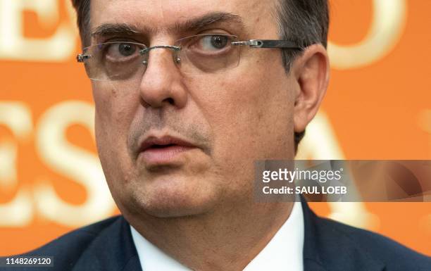 Mexican Secretary of Foreign Affairs Marcelo Ebrard speaks during a press conference at the Embassy of Mexico in Washington, DC, on June 5 after...