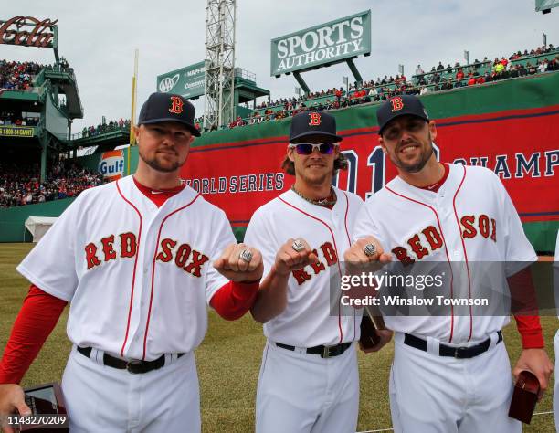 Starting pitchers, left to right, Jon Lester of the Boston Red Sox, Clay Buchholz of the Boston Red Sox and John Lackey of the Boston Red Sox show...