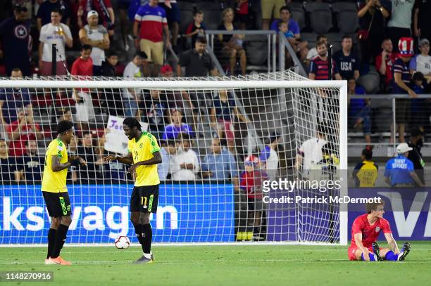 Alvas Powell and Shamar Nicholson of Jamaica celebrate after Jamaica defeated the United States 1-0 during an International Friendly at Audi Field on...