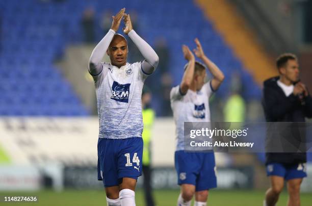 Jake Caprice of Tranmere Rovers applauds their support after the Sky Bet League Two Play-off Semi Final First Leg match between Tranmere Rovers and...