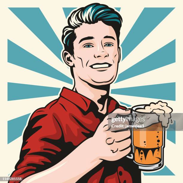 stockillustraties, clipart, cartoons en iconen met man met bier - man sipping beer smiling