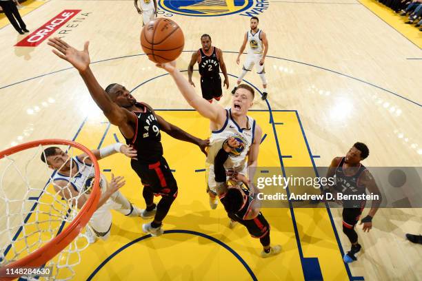 Jonas Jerebko of the Golden State Warriors shoots the ball against the Toronto Raptors during Game Three of the NBA Finals on June 5, 2019 at ORACLE...
