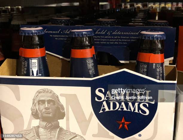 Bottles of Samuel Adams beer are displayed on a shelf at grocery store on May 10, 2019 in San Francisco, California. Boston Beer Company, the second...