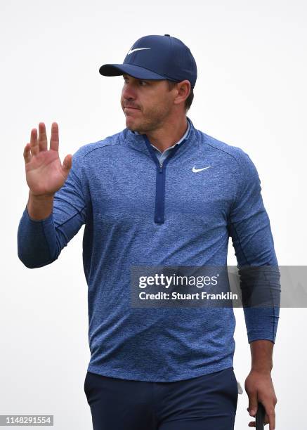 Brooks Koepka of USA celebrates his birdie putt on the 15th hole during the second round of the AT&T Byron Nelson at Trinty Forest Golf Club on May...