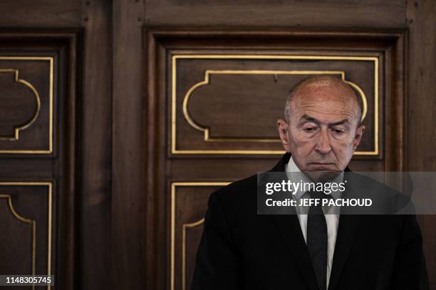 Mayor of Lyon and former Interior minister Gerard Collomb gives a press conference on June 6, 2019 in Lyon city hall, to speak about the greening of...