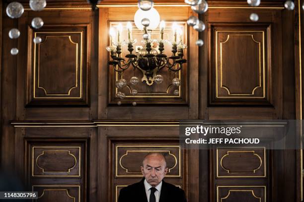 Mayor of Lyon and former Interior minister Gerard Collomb gives a press conference on June 6, 2019 in Lyon city hall, to speak about the greening of...