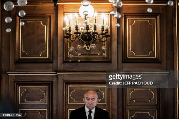 Mayor of Lyon and former Interior minister Gerard Collomb gives a press conference on June 6, 2019 in Lyon city hall, to speak about the greening of...