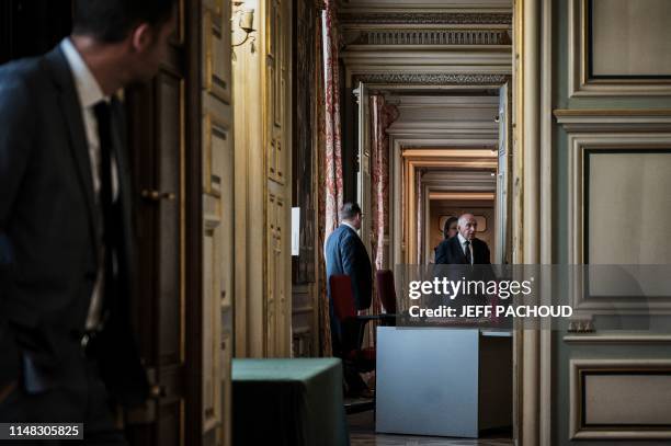 Mayor of Lyon and former Interior minister Gerard Collomb arrives to give a press conference on June 6, 2019 in Lyon city hall, to speak about the...