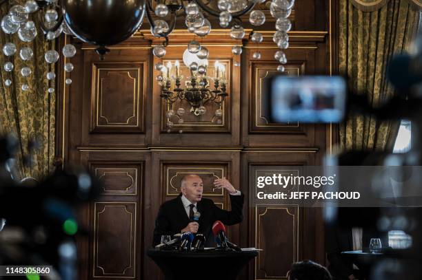 Mayor of Lyon and former Interior minister Gerard Collomb gives a press conference on June 6, 2019 in Lyon city hall, to speak about the greening of...