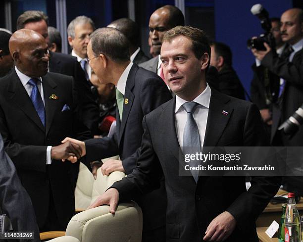 Russian President Dmitry Medvedev attends a meeting at the G8 summit on May 27, 2011 in Deauville, France. The Tunisian Prime Minister, Beji Caid el...