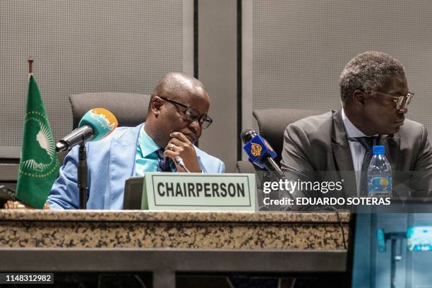 Permanent Representative of Sierra Leone and Chairperson of the African Union Peace and Security Council Patrick Kapuwa speaks during a press...