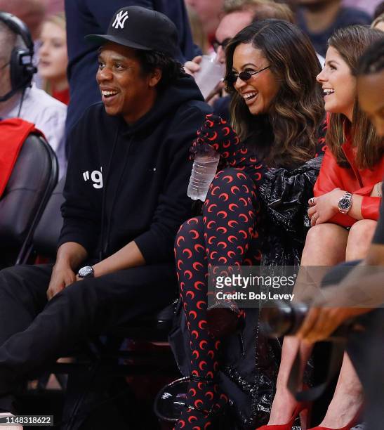 Jay-Z and Beyonce watch from courtside during Game Six of the Western Conference Semifinals of the 2019 NBA Playoffs at Toyota Center on May 10, 2019...