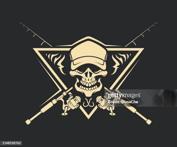 ilustrações de stock, clip art, desenhos animados e ícones de skull silhouette in cap with crossed fishing rods and hooks on background - cut out vector emblem - sinal de poluição