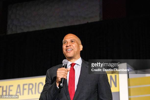 Democratic presidential candidate Sen. Cory Booker speaks to a crowd at the African American Leadership Council on June 6, 2019 in Atlanta,...
