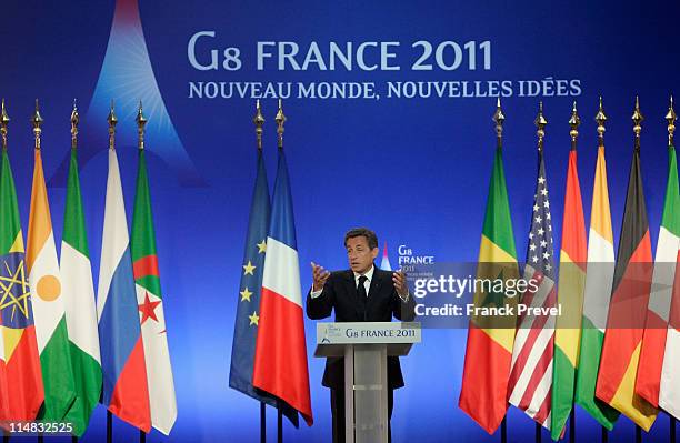French President, Nicolas Sarkozy gives a press conference at the conclusion of the Group of Eight summit on May 27, 2011 in Deauville, France. The...