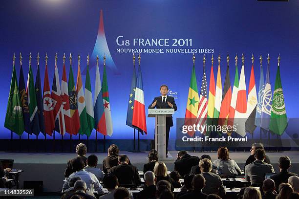 French President, Nicolas Sarkozy gives a press conference at the conclusion of the Group of Eight summit on May 27, 2011 in Deauville, France. The...