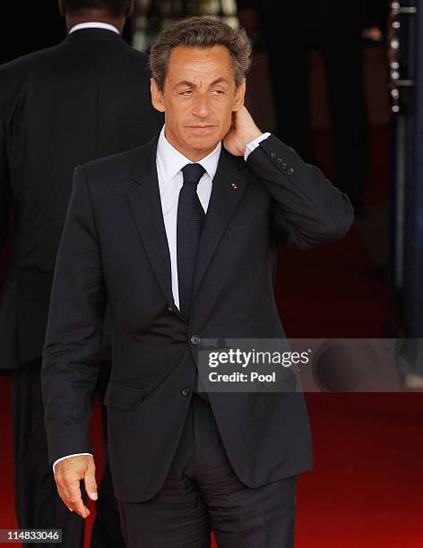 French President Nicolas Sarkozy waits for the arrival of African leaders on the second day of the G8 Summit on May 27, 2011 in Deauville, France....