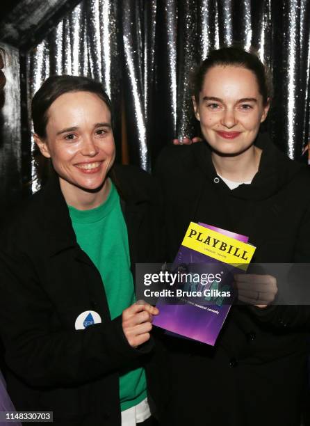 Ellen Page and wife Emma Portner pose backstage at the musical "The Prom" on Broadway at The Longacre Theatre on May 10, 2019 in New York City.