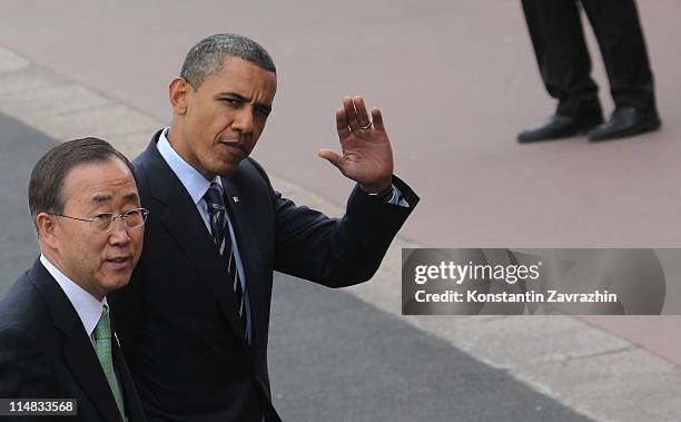 President Barack Obama and U.N. Secretary General Ban Ki-moon arrive to the lunch at the G8 Summit on May 27, 2011 in Deauville, France. The Tunisian...