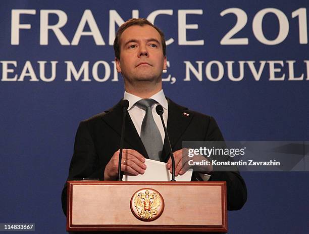 Russian President Dmitry Medvedev speaks during a press conference at the G8 Summit May 27, 2011 in Deauville, France. The Tunisian Prime Minister...