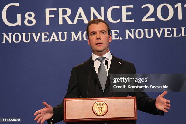 Russian President Dmitry Medvedev speaks during a press conference at the G8 Summit May 27, 2011 in Deauville, France. The Tunisian Prime Minister...