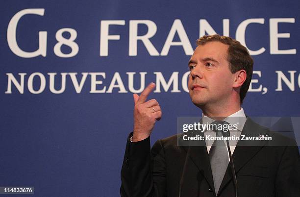 Russian President Dmitry Medvedev speaks during a press conference at the G8 Summit May 27, 2011 in Deauville, France. The Tunisian Prime Minister...