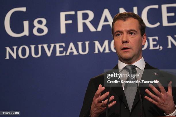 Russian President Dmitry Medvedev speaks during a press conference at the G8 Summit May 27, 2011 in Deauville, France. The Tunisian Prime Minister...