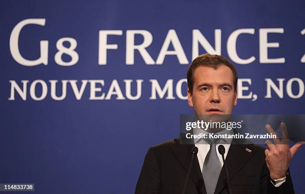 Russian President Dmitry Medvedev speaks during a press conference at the G8 Summit May 27, 2011 in Deauville, France. The Tunisian Prime Minister...