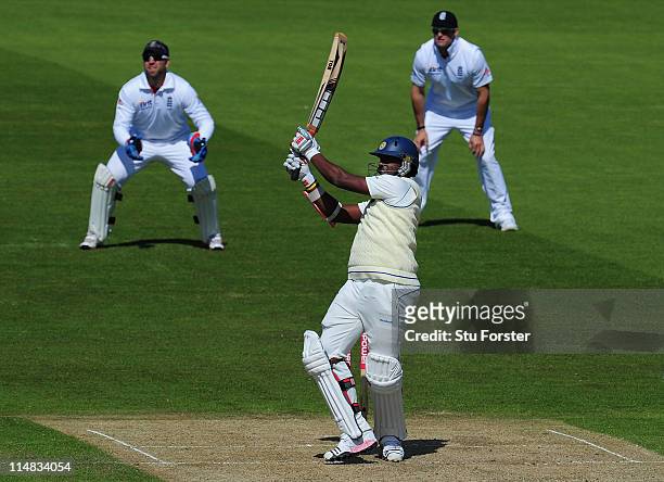 Sri Lanka batsman Thisara Perera hits out during day two of the 1st npower test match between England and Sri Lanka at the Swalec Stadium on May 27,...