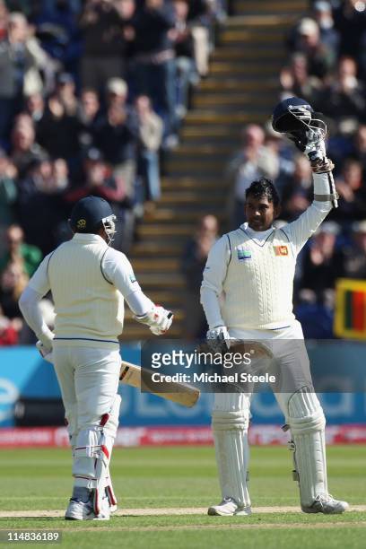 Prasanna Jayawardene of Sri Lanka celebrates reaching his century during day two of the 1st npower test match between England and Sri Lanka at the...
