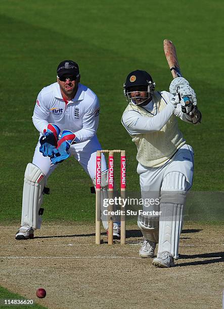 Sri Lanka batsman Prasanna Jayawardene hits a ball towards the boundary watched by Matt Prior during day two of the 1st npower test match between...