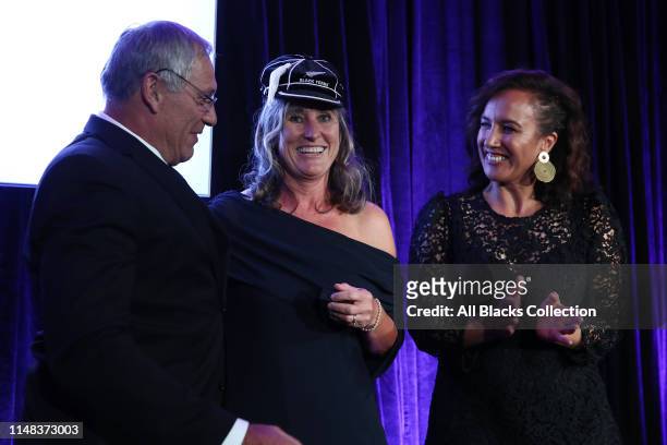 Former Black Fern Lauren O'Reilly is capped by New Zealand Rugby President Bill Osborne and Dr Farrah Palmer during the New Zealand Black Ferns...