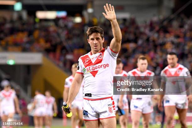 Ben Hunt of the Dragons waves to fans during the round nine NRL match between the New Zealand Warriors and the St George Illawarra Dragons at Suncorp...