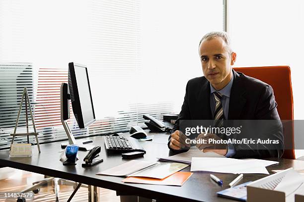 executive in office, portrait - bank manager photos et images de collection