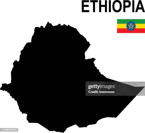 black basic map of ethiopia with flag against white background - ethiopian map stock illustrations
