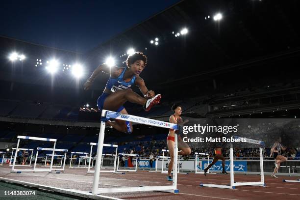 Sharika Nelvis of USA competes in the Mixed Shuttle Hurdles Relay heats during day one of the IAAF World Relays at Nissan Stadium on May 11, 2019 in...