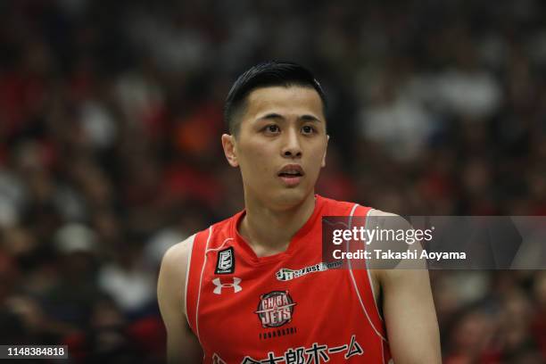 Yuki Togashi of Chiba Jets looks on during the B.League final between Chiba Jets and Alvark Tokyo at Yokohama Arena on May 11, 2019 in Yokohama,...