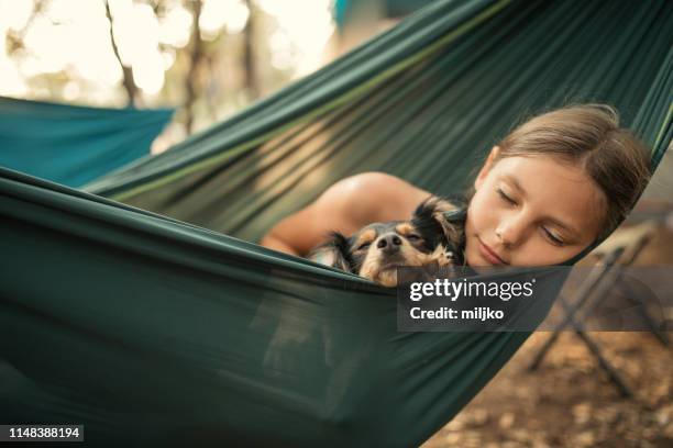 girl relaxing in hammock with her dog - hammock camping stock pictures, royalty-free photos & images