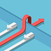 Isometric red arrow find a way to cross the wall to success