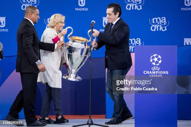 Mayor of Madrid, Manuela Carmena, recives the UEFA Champions League trophy at the City Hall on May 11, 2019 in Madrid, Spain.