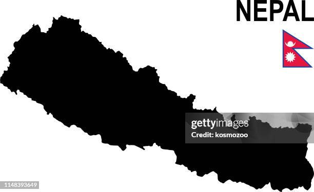 ilustrações de stock, clip art, desenhos animados e ícones de black basic map of nepal with flag against white background - nepal