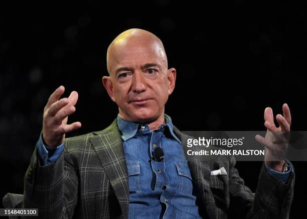 Amazon Founder and CEO Jeff Bezos addresses the audience during a keynote session at the Amazon Re:MARS conference on robotics and artificial...