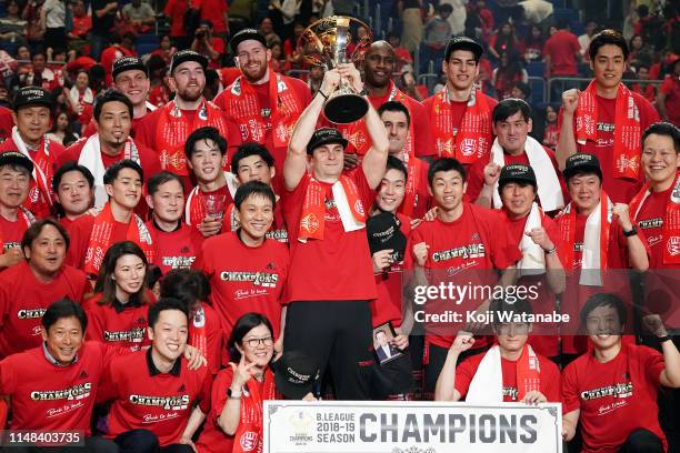 Head Coach Luka Pavicevic of Alvark Tokyo celebrates after defeating Chiba Jets 71-67 to win during the B.League final between Chiba Jets and Alvark...