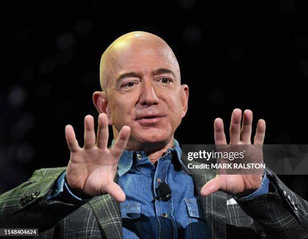 Amazon Founder and CEO Jeff Bezos addresses the audience during a keynote session at the Amazon Re:MARS conference on robotics and artificial...